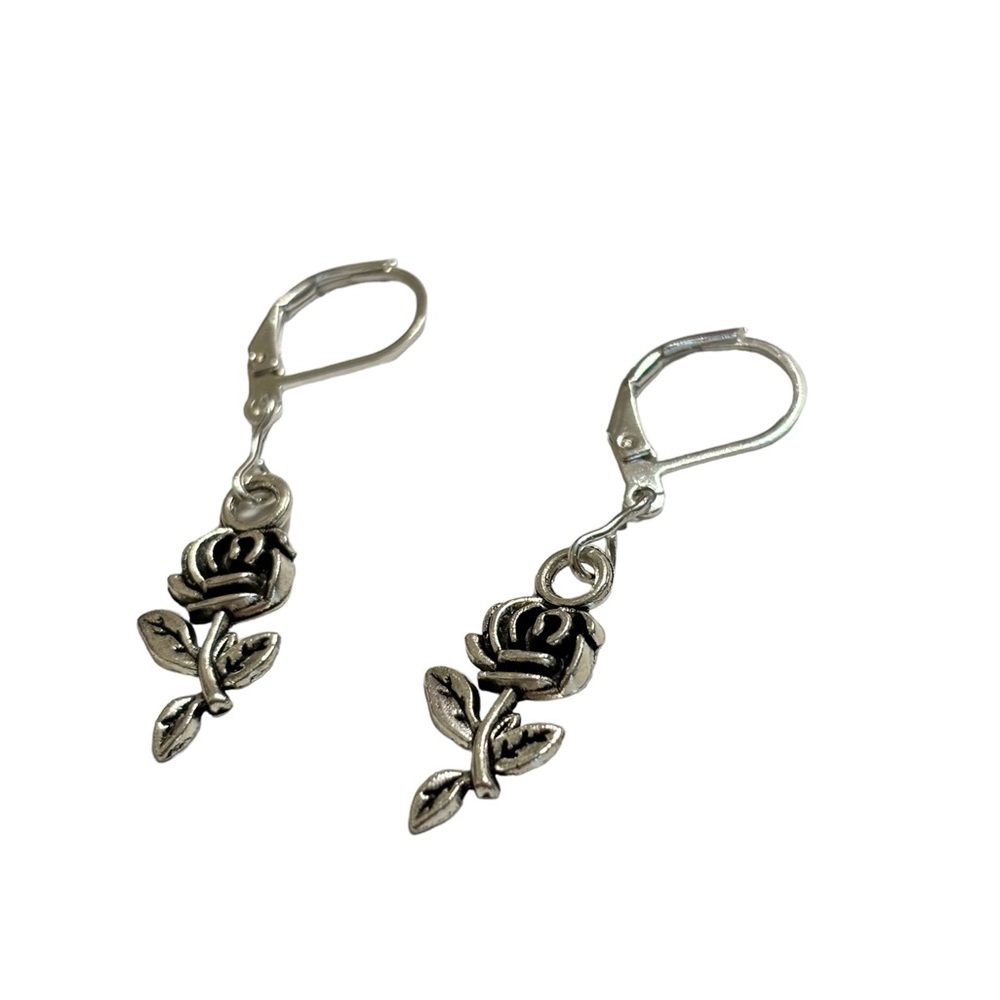 Lilianne rose flower charm stamped 925 sterling silver charm plain earrings - Picture 2 of 3